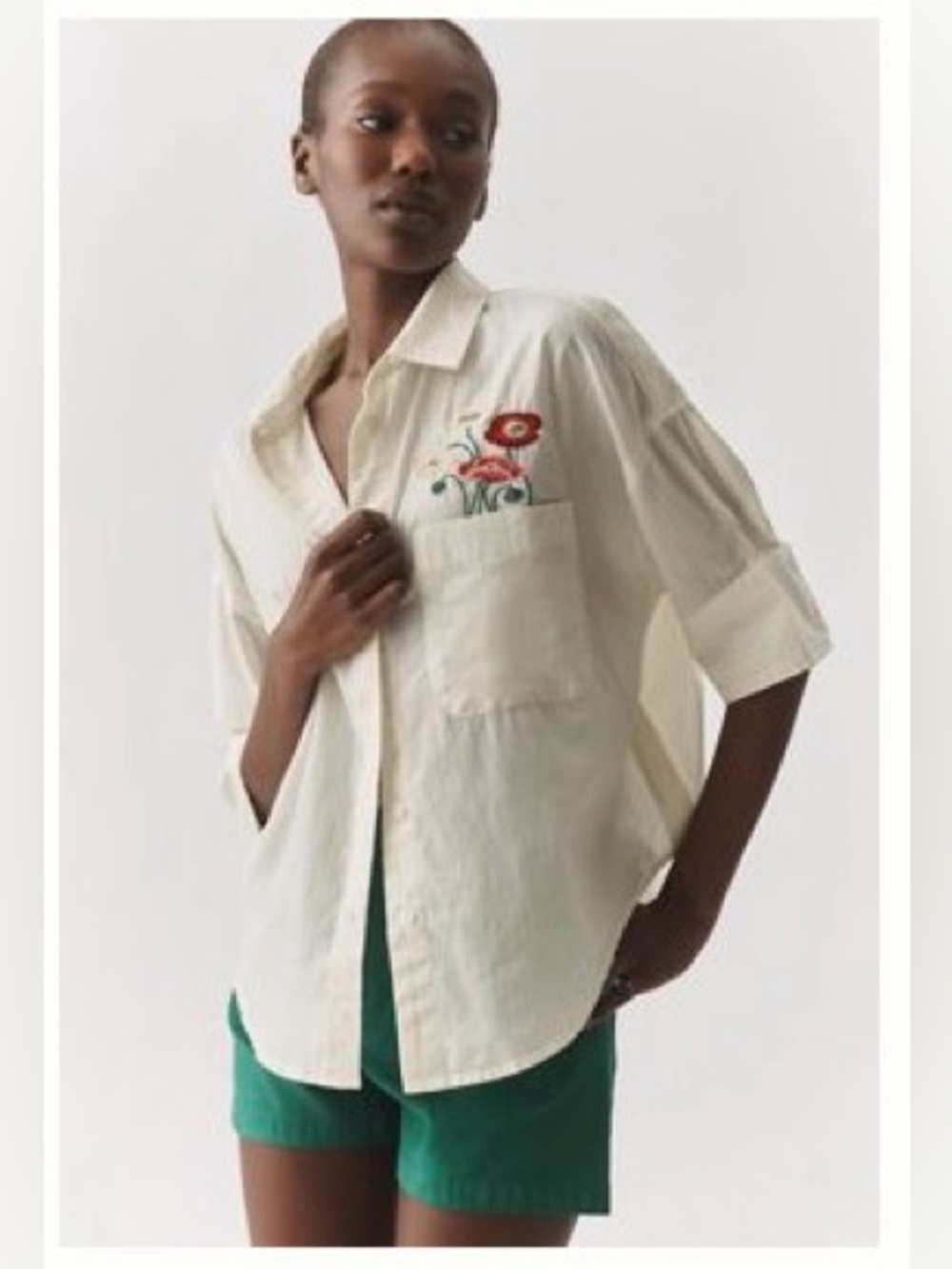 Maeve Cream Button-Down Shirt with Floral Embroidered Pocket